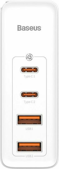 Baseus Charger Without Cable GaN with 2 USB-A Ports and 2 USB-C Ports 100W Power Delivery / Quick Charge 4+ Whites (Gan2 Pro)