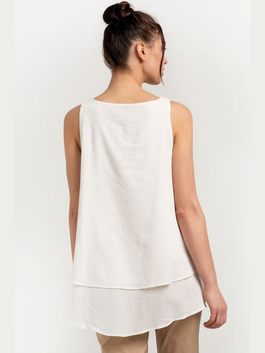 Toi&Moi Damen Sommerliche Bluse Ärmellos mit V-Ausschnitt Weiß