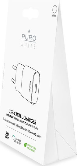 Puro Φορτιστής Χωρίς Καλώδιο με Θύρα USB-C 20W Power Delivery Λευκός (PUROCSM20WUSBCWT)