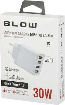 Blow Ladegerät ohne Kabel mit 4 USB-A Anschlüsse 30W Schnellaufladung 3.0 Weißs (76-007)