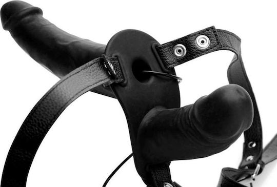 Strap U Power Pegger Double Strap On Vibrator Harness with Double Dildo 17cm and Vibration in Black Color