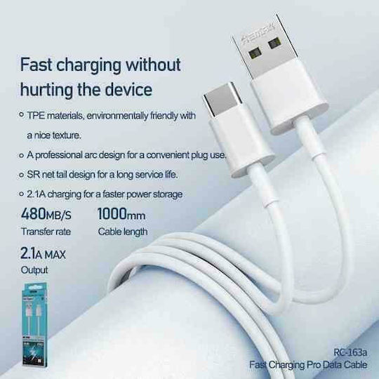 Remax RC-163A USB 2.0 Cable USB-C male - USB-A Λευκό 1m