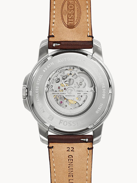 Fossil Grant Ανδρικό Ρολόι 44mm Αυτόματο με Καφέ Δερμάτινο Λουράκι
