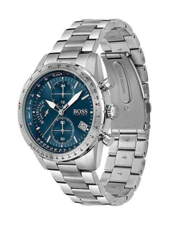 Boss Pilot Ανδρικό Ρολόι 44mm Χρονογράφος Μπαταρίας με Ασημί Μεταλλικό Μπρασελέ