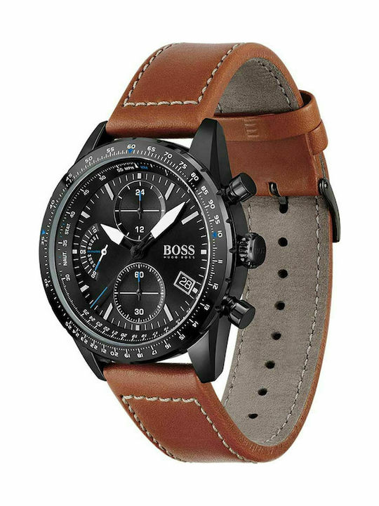 Boss Pilot Men's Watch 44mm Chronograph Battery with Brown Leather Strap