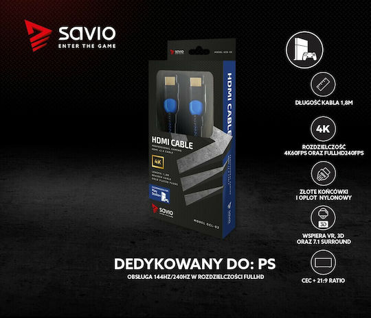 Savio HDMI 2.0 Premium High Speed 4K 60Hz HDR Braided Cable HDMI Male - HDMI Male Length 1.8m Black