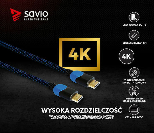 Savio HDMI 2.0 Premium High Speed 4K 60Hz HDR Braided Cable HDMI Male - HDMI Male Length 1.8m Black