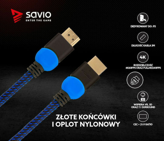 Savio HDMI 2.0 Premium High Speed 4K 60Hz HDR Braided Cable HDMI male - HDMI male 3m Μαύρο