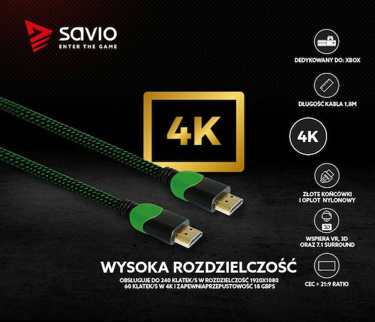 Savio HDMI 2.0 Premium High Speed 4K 60Hz HDR Braided Cable HDMI Male - HDMI Male Length 1.8m Black