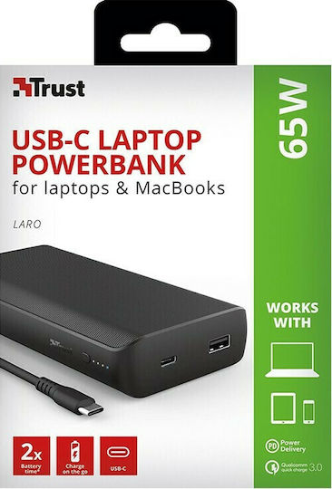 Trust Laro Baterie Externă 20000mAh 65W Cu Port USB-A și Port USB-C Încărcare Rapidă Neagră
