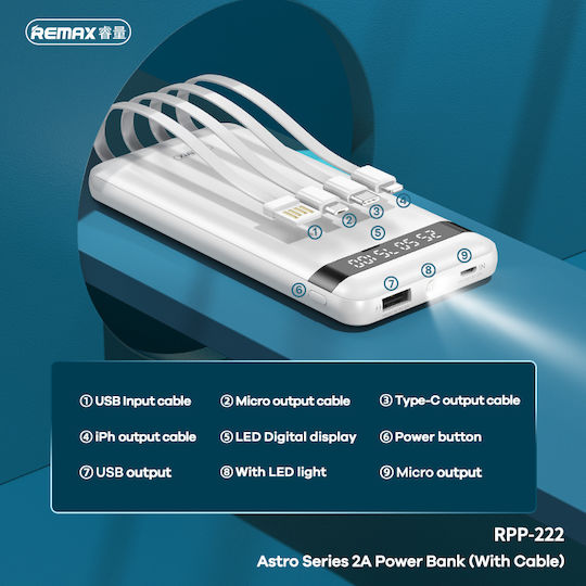 Remax Astro Power Bank 10000mAh με 6 Θύρες USB-A Λευκό