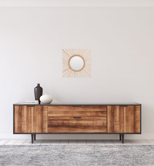 Wall Mirror with Brown Wooden Frame Diameter 60cm 1pcs