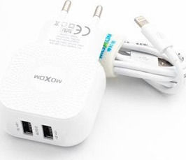 Moxom Încărcător cu 2 Porturi USB-A și Cablu Fulgerul Albς (KH-44)