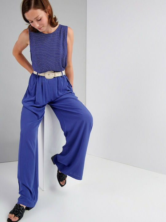 Women's High-waisted Fabric Trousers with Elastic in Regular Fit Blue