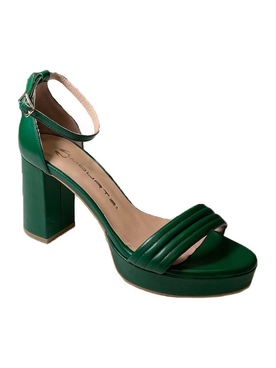 Mourtzi Leather Women's Sandals with Chunky High Heel In Green Colour