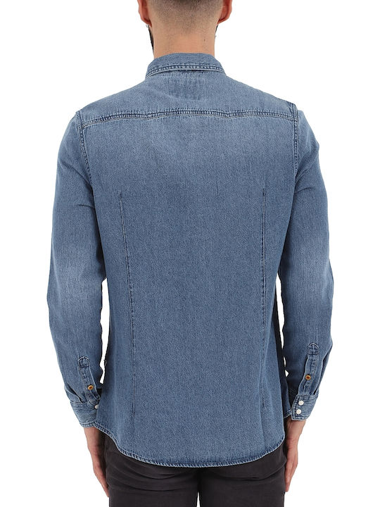 Guess Men's Shirt Long Sleeve Denim Blue