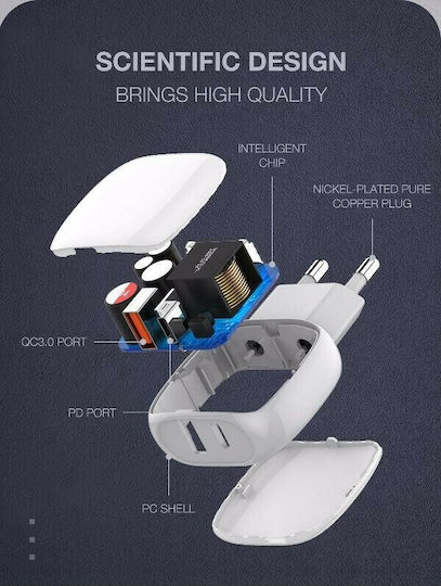 Ldnio Φορτιστής με Θύρα USB-A και Θύρα USB-C και Καλώδιο USB-C - Lightning 18W Power Delivery / Quick Charge 3.0 Λευκός (A2313C)