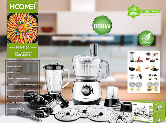 Hoomei Procesor alimentar multifuncțional 800W cu vas 3lt și Blender cu vas Argintiu