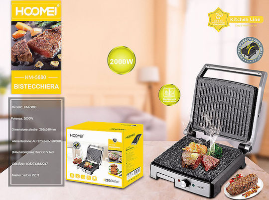 Hoomei Tabletop Electric Grill Ribbed Plate 2000W with Lid and Adjustable Thermostat 29.5cmx24cmcm