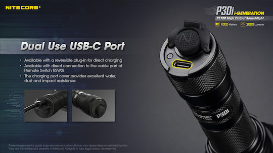 NiteCore Lumină de lucru și de sit, cu baterie Lanternă LED IP68 cu Luminozitate Maximă 2000lm P30i Negru