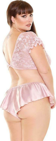 Fantasy Lingerie Lace Set with Tie Top Sexy Σετ Εσωρούχων με Δαντέλα Pink Plus Size 2τμχ