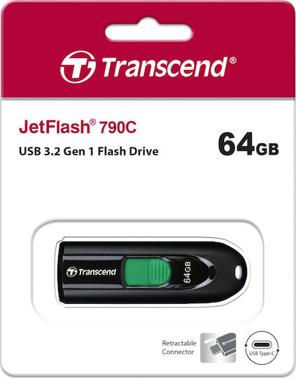 Transcend JetFlash 790C 64GB USB 3.1 Stick cu conexiune USB-C Negru