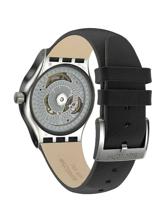 Swatch Непобедимо Мъжко часовник 42mm Хронограф Автоматичен с Черна кожена каишка