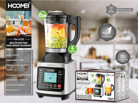 Hoomei Μπλέντερ με Γυάλινη Κανάτα 1.75 lt 1400W Γκρι HM-6795