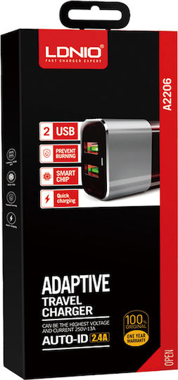 Ldnio Φορτιστής με 2 Θύρες USB-A και Καλώδιο micro USB Γκρι (A2206)