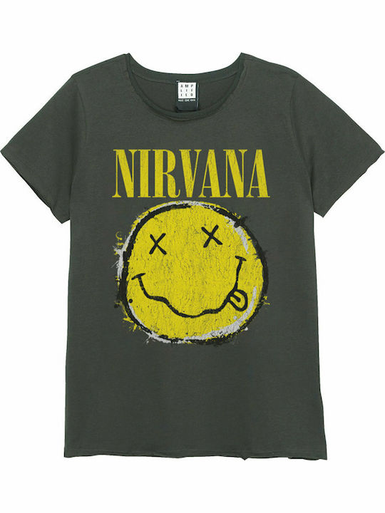 Amplified Worn Out Smiley T-shirt Nirvana Μαύρο Βαμβακερό Ανθρακί