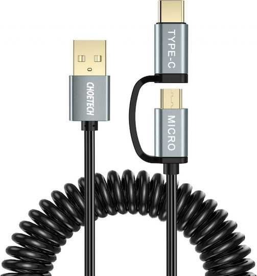 Choetech Spiral USB to Type-C / micro USB Cable 2.4A Μαύρο 1.2m (XAC-0012-101BK)