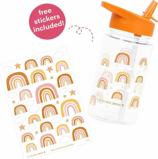 A Little Lovely Company Kids Water Bottle Butterfly Plastic with Straw Orange 450ml (Various Designs/Colours)
