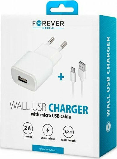 Forever Ladegerät mit USB-A Anschluss und Kabel Micro-USB Weißs (FTC01A)