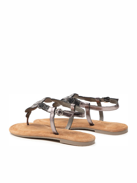 Leather Women's Flat Sandals with Strap in Silver Color