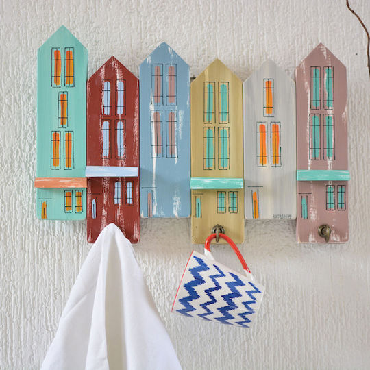Kapadakis Wood Art Wall Hanger Handmade Houses and Shops Wooden 3 Hooks Multicolour 42x4x30cm