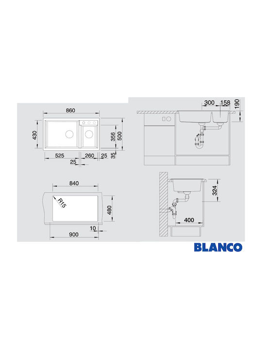 Blanco Metra 9 Ένθετος Νεροχύτης Αριστερός από Συνθετικό Γρανίτη Μ86xΠ50cm Rock Grey