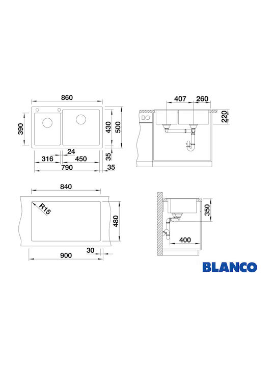Blanco Pleon 9 Ένθετος Νεροχύτης Δεξιός από Συνθετικό Γρανίτη Μ86xΠ50cm Tartufo