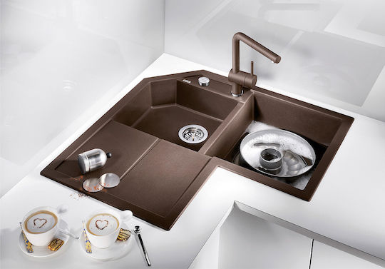 Blanco Metra 9 E Drop-In Küchenspüle Ecke aus Flüssiger Granit M83xB83cm Tartufo