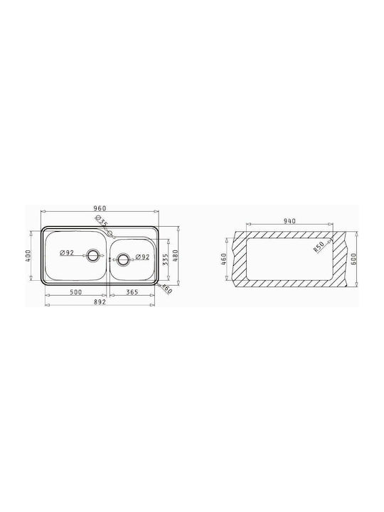 Pyramis Space Plus 2B Ένθετος Νεροχύτης Αριστερός Inox Σαγρέ Μ96xΠ48cm Ασημί