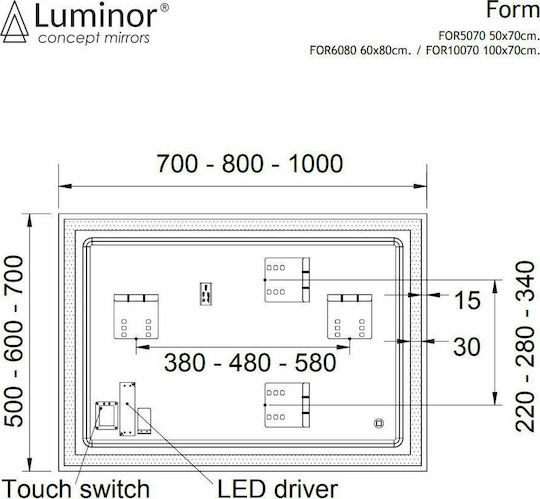 Luminor Form Ορθογώνιος Καθρέπτης Μπάνιου Led 100x70cm