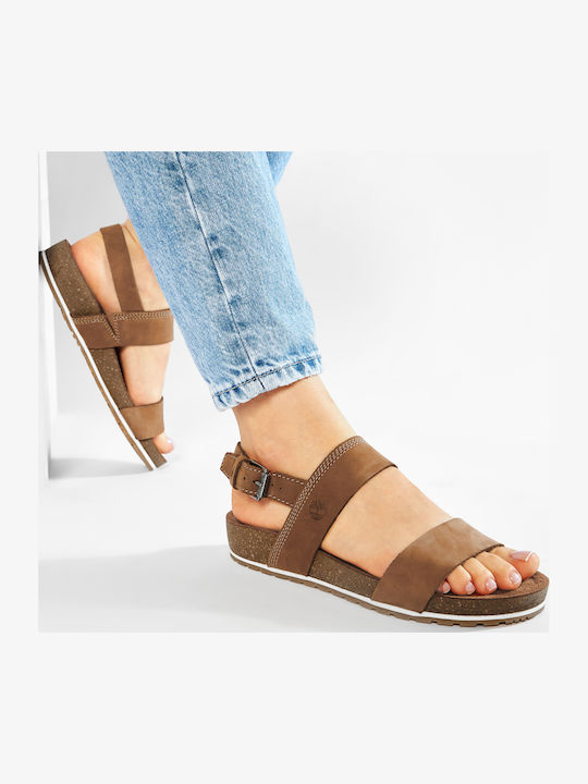 Malibu Waves 2 Bands Leather Women's Flat Sandals Anatomic with Strap in Brown Color