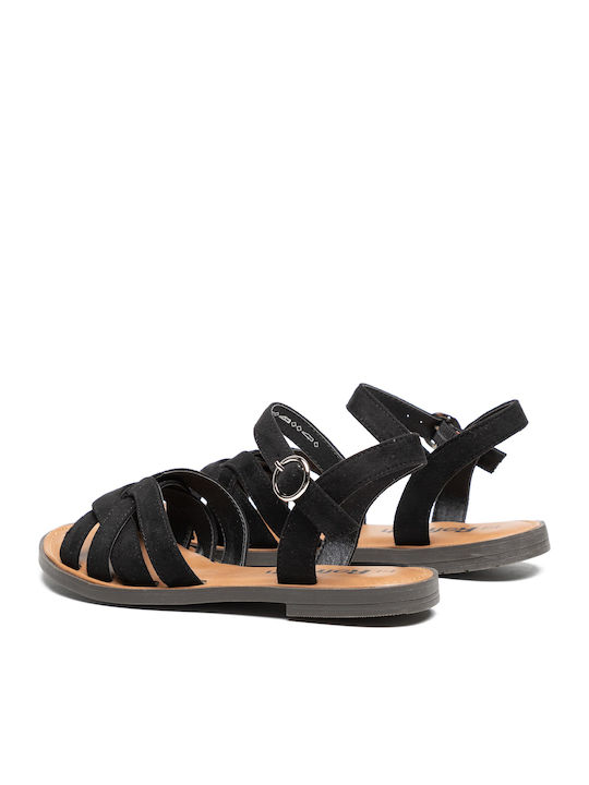 Leather Women's Flat Sandals with Strap in Black Color