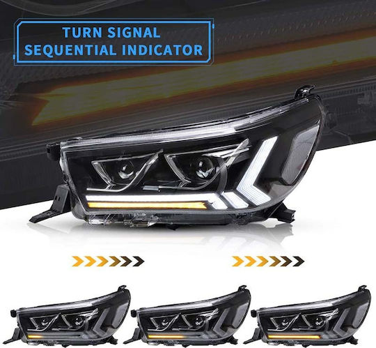 Front Lights Toyota Hilux Revo with Dynamic Start DRL & Black Flashers with Motor 15-19 2 Pieces