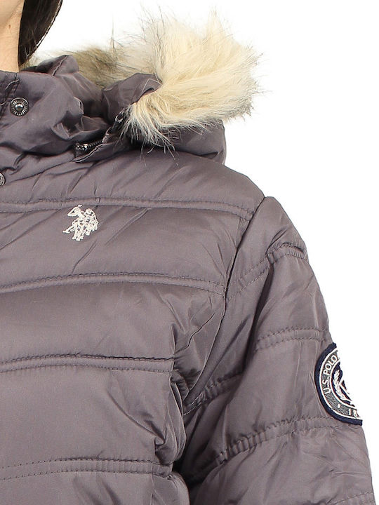 Lang Damen Puffer Jacke mit pelziger Kapuze für Winter Gray