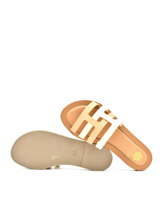 Leather Women's Flat Sandals in Beige Color
