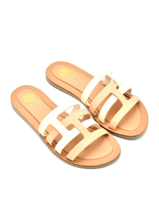 Leather Women's Flat Sandals in Beige Color