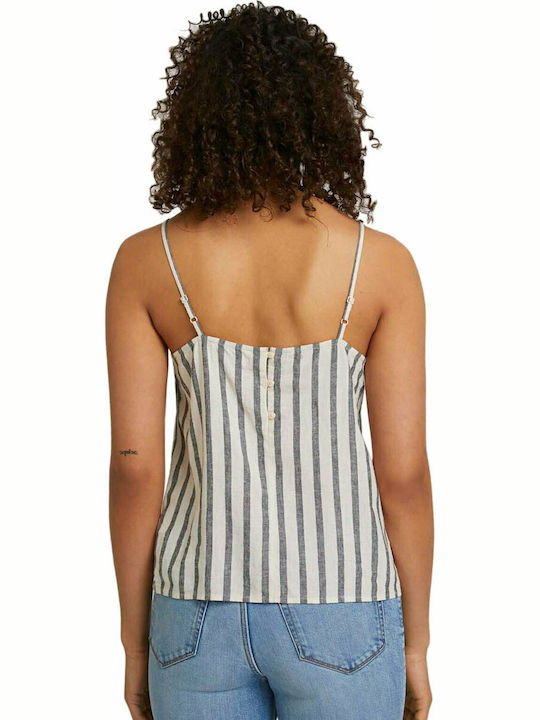 Tom Tailor Women's Summer Blouse Linen with Straps & V Neckline Striped Beige