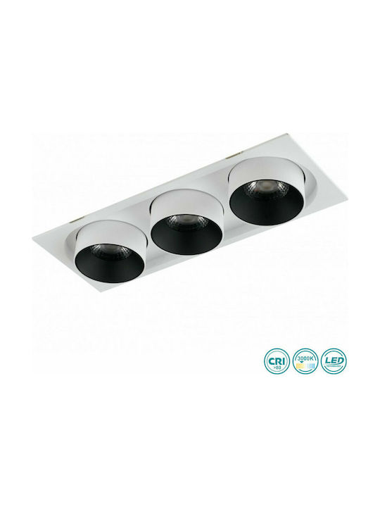 Fan Europe Outsider3x30c Παραλληλόγραμμο Μεταλλικό Χωνευτό Σποτ με Ενσωματωμένο LED και Θερμό Λευκό Φως Λευκό 34.6x13εκ.