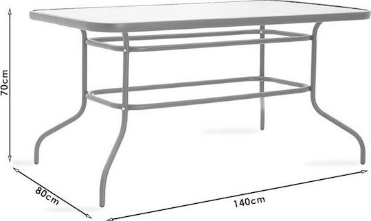 Valor Outdoor Dinner Free Standing Table with Glass Surface and Metal Frame Brown 140x80x70cm