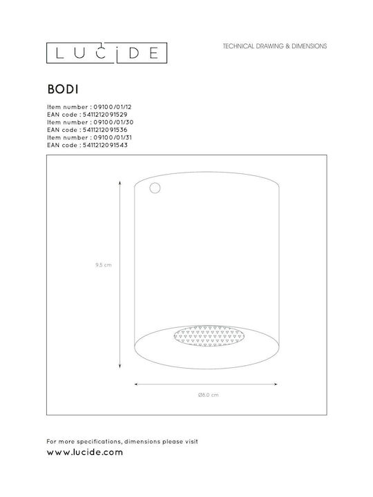 Lucide Lightning Bodi Μονό Σποτ με Ντουί GU10 σε Λευκό Χρώμα